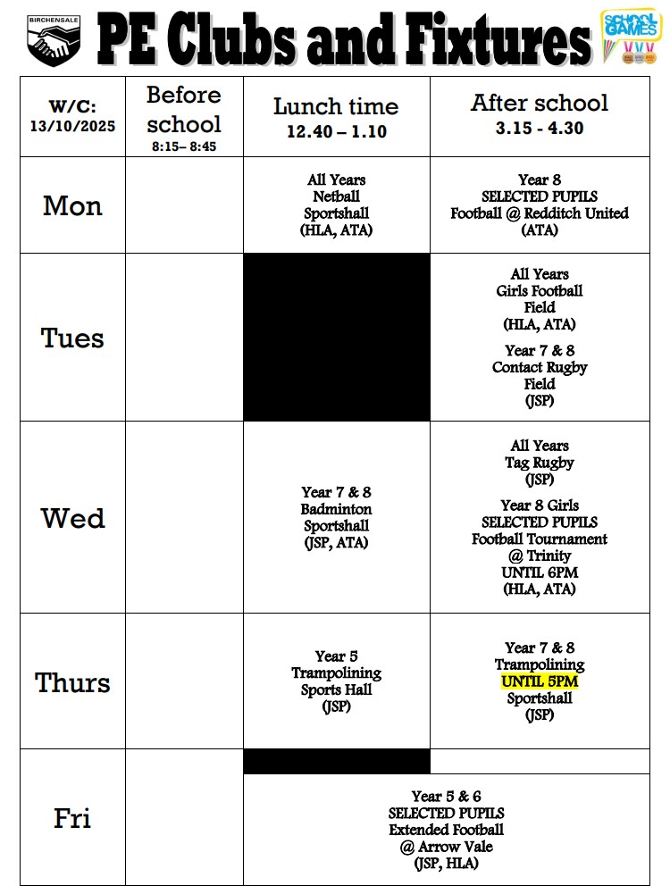 PE Clubs and Fixtures 10.10.25